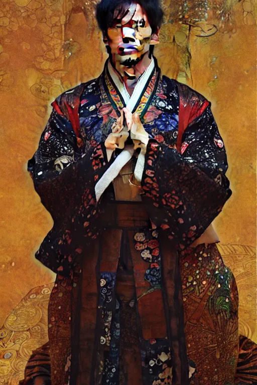 Prompt: a man wearing hanfu, muscular, detailed face, correct face, cyberpunk chinese ancient castle, fantasy, painting by Gustav Klimt, greg rutkowski and alphonse mucha