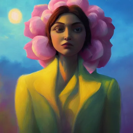 Prompt: closeup, huge rose flower face, frontal, girl with suit, surreal photography, sunrise, dramatic light, impressionist painting, digital painting, artstation, simon stalenhag