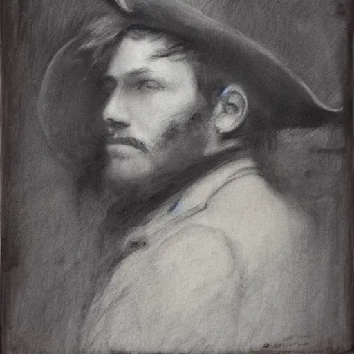 Image similar to portrait of a young action hero cowboy monster hunter, by alfred stevens in charcoal