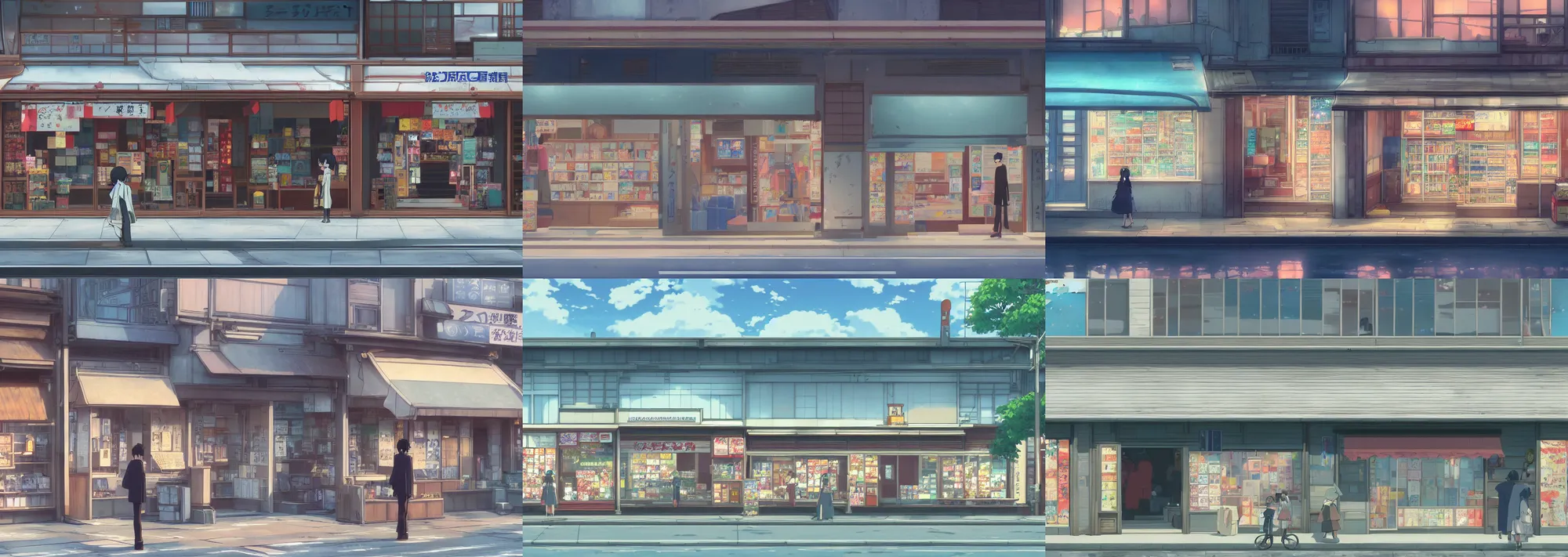 Prompt: front view of a japanese storefront in the beautiful anime film by makoto shinkai