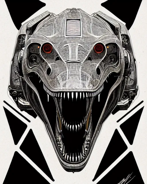 Image similar to a symmetrical illustration intricate mechanical robot trex dinosaur head, transformer, high details, symmetrical illustration, bold line art, by vincent di fate, kim jung gi, joe fenton, inking, scifi, screen print, character concept art, trending on art station, sharp, high contrast, ultrafine hyper detailed, hd, 4 k, 8 k