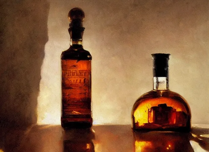 Image similar to oil painting of whiskey bottle, art by anders zorn, wonderful masterpiece by greg rutkowski, beautiful cinematic light, american romanticism by greg manchess, reflections in copper, sunlight, dust and steam