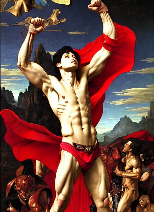 Image similar to renaissance painting of aggressive superboy prime, d & d, muscular! crossfit anatomy, fantasy, intricate, elegant, highly detailed, digital painting, artstation, concept art, smooth, sharp focus, illustration, art by artgerm and greg rutkowski and alphonse mucha and alex ross and donato giancola and bayard wu and gustav moreau and wayne barlowe