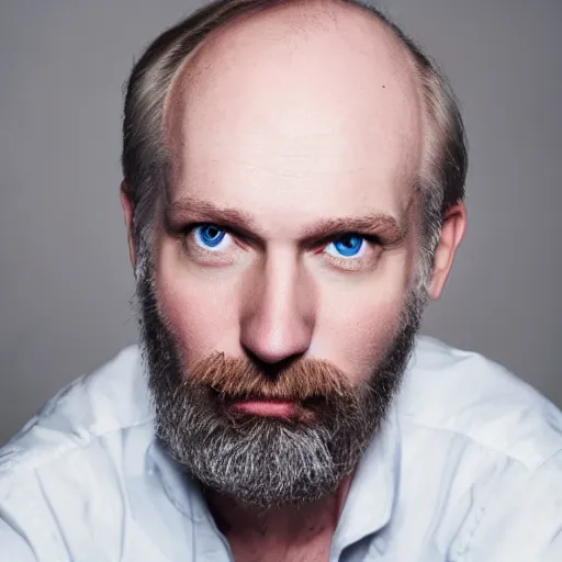 Image similar to photograph of a balding, bearded middle aged blond man, with dark blue eyes, and very pale skin