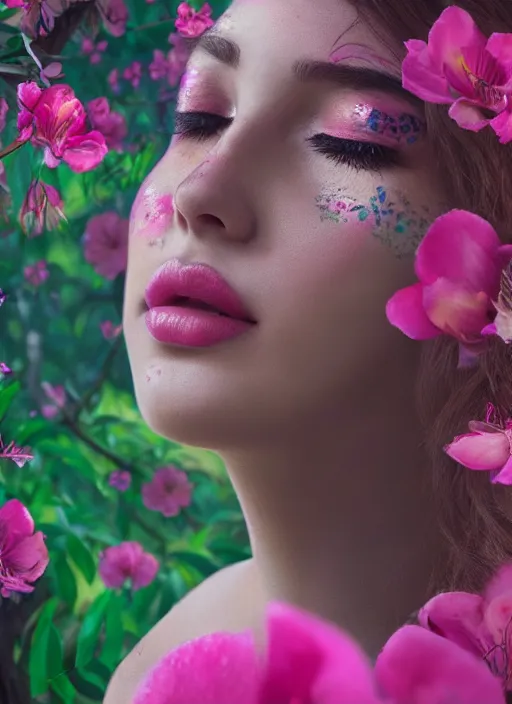 Image similar to a beautiful portrait of a beautiful woman with eyes closed in the jungle surrounded by pink flowers, face paintings, matte painting, fantasy art