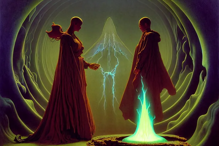 Prompt: the female arcanist and the male artificer by zacharias aagaard and albert bierstadt and gerald brom and zdzisław beksinski and james gilleard and wayne barlowe and marc simonetti, beautiful, robes, highly detailed, hyperrealistic, intricate, energy, electricity, blue flame, low light, green crystal, high contrast