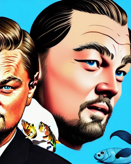 Image similar to painting portrait of leonardo dicaprio and a carp, cartoon, warm lighting, leonardo dicaprio has a carp. leonardo dicaprio and a carp fish. movie poster, illustration by bartek fedyczak, erak note, tooth wu, neil richards, kan liu, siwoo kim, jisu choe, trending on art station