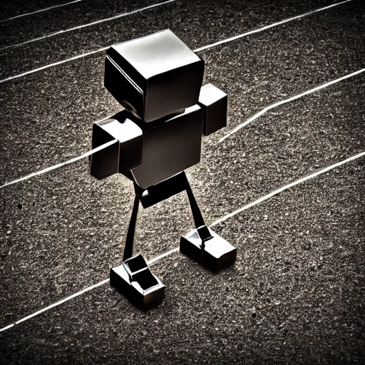 Image similar to iridescent metal retro robot made out of simple geometric shapes. tilt shift photography. award winning