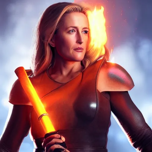 Prompt: Gillian Anderson wearing a leather barbarian tunic holding a glowing fire magical staff. Trending on Artstation, octane render, ultra detailed, art by Ross tran