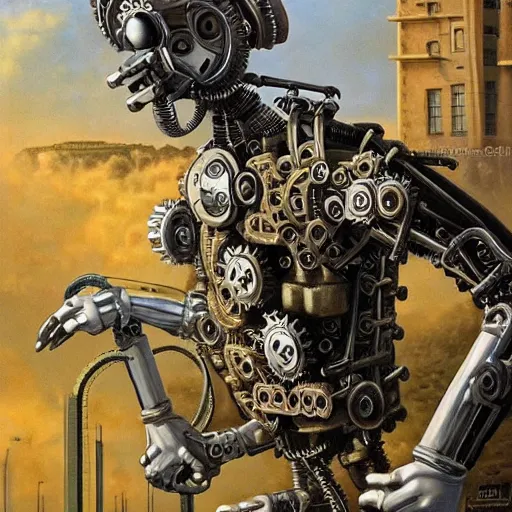 Image similar to a highly detailed retro futuristic robot with gears and other mechanical parts made out of pasta going for a walk outside, painting by Jim Burns