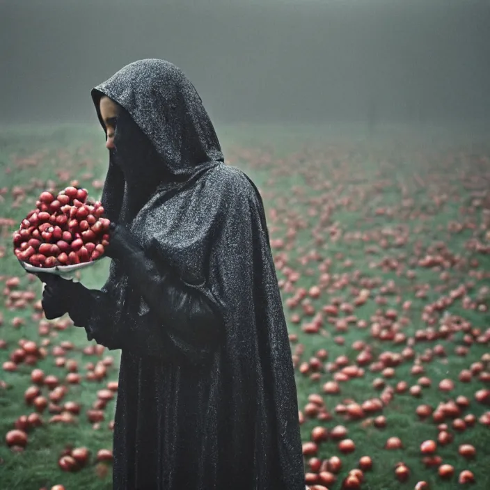 Image similar to a closeup portrait of a woman wearing a hooded cloak made of reflective mylar balloons, picking pomegranates from a tree in an orchard, foggy, moody, photograph, by vincent desiderio, canon eos c 3 0 0, ƒ 1. 8, 3 5 mm, 8 k, medium - format print