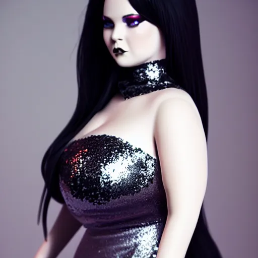 Image similar to curvy feminine hot goth cutie in a sublime elegant polished sequined black-silver latex neck-high or tube-top floor length gown, thin waist, cgsociety, photorealistic, comfy ambience, idealistic, 16k, smooth, sharp focus, trending on ArtStation, volumetric lighting