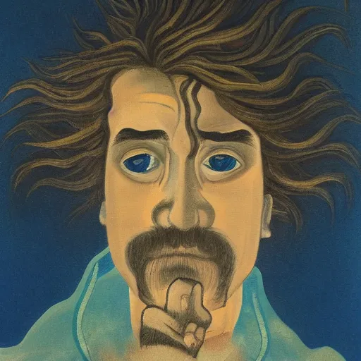 Image similar to A beautiful painting of a self-portrait of the artist. He is shown with his head turned to the left, looking at the viewer. His hair is wild and his eyes are wide open. His right hand is raised, as if he is pointing at something. caput mortuum, cyanotype, avant-garde by Fenghua Zhong, by Hajime Sorayama