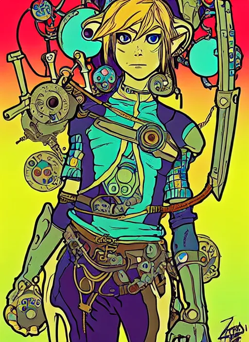 Image similar to biopunk zorra link from zelda!! portrait illustration, pop art, splash painting, art by geof darrow, ashley wood, alphonse mucha, makoto shinkai