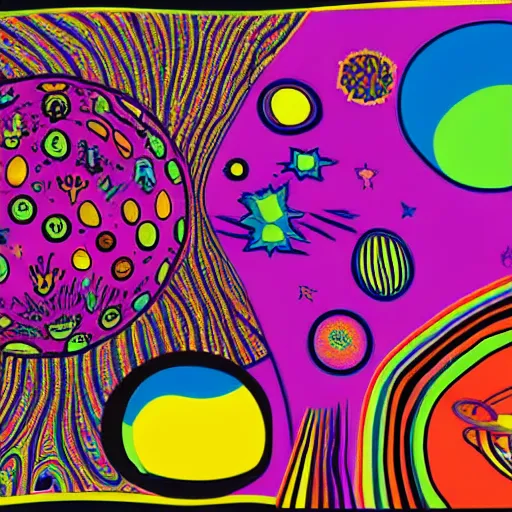 Image similar to psychedelic trippy couch in forest with vegetable planets, milky way, sofa, cartoon by andy warhol