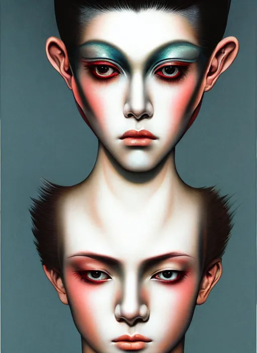 Image similar to beautiful matte airbrush portrait of an androgynous face with big sad eyes crying on a white background, 8 0's airbrush aesthetic, art by pater sato, ayami kojima and yoshitaka amano