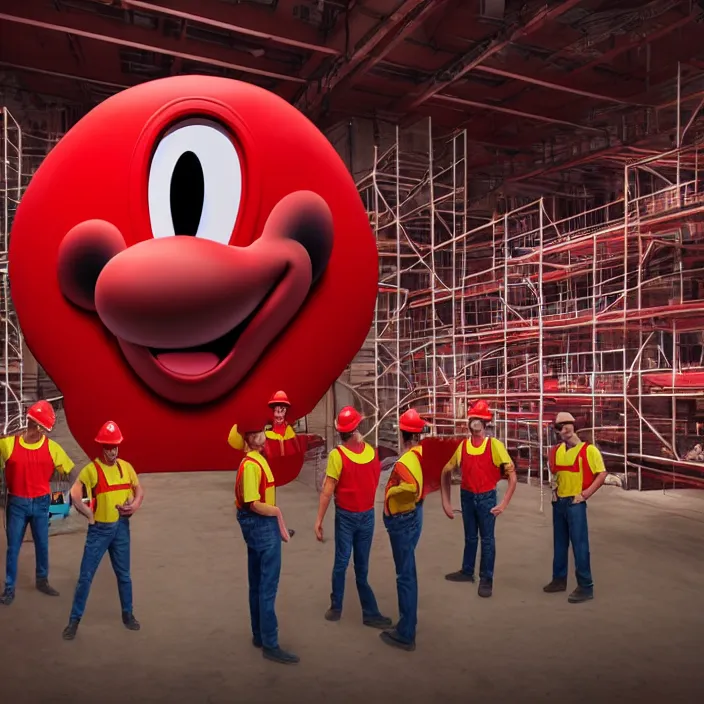 Image similar to crew of workers in red overalls building giant mickey mouse head in warehouse, octane render, 4 k ultra hd, hyper - detailed, realistic, low lighting, sharp focus, in style of beeple