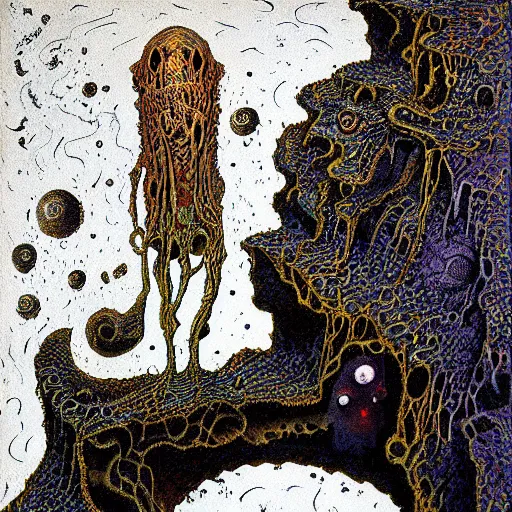 Image similar to a painting of a man standing in front of a cave, a surrealist painting by ian miller, deviantart, psychedelic art, lovecraftian, cosmic horror, poster art