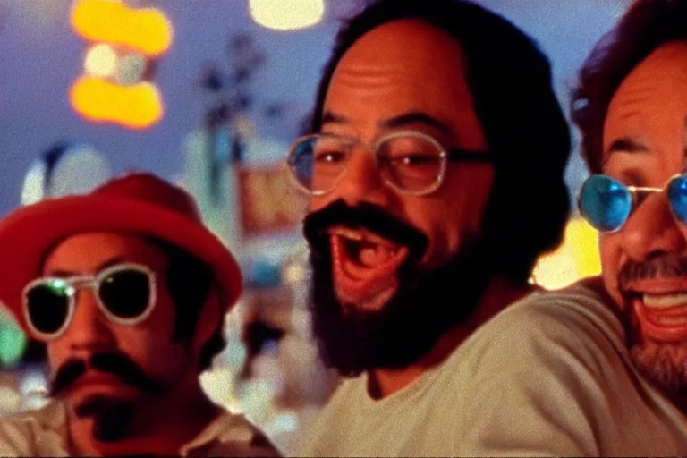 Image similar to cheech and chong in fear and loathing in las vegas movie, everyone is on psychedelic drugs, cinematic still, movie still, long lens, shallow depth of field, bokeh, anamorphic lens flare, 8 k