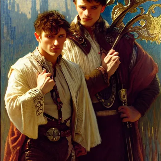 Image similar to manly arthur pendragon and manly merlin. focus on their faces. natural lighting. highly detailed painting by gaston bussiere, j. c. leyendecker, alphonse mucha, greg rutkowski, 8 k