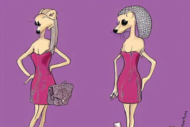 Prompt: detailed illustration : ferret character : wearing diamonds : wearing a stravagant dress : wearing stiletto : head torso legs feet : behance character design