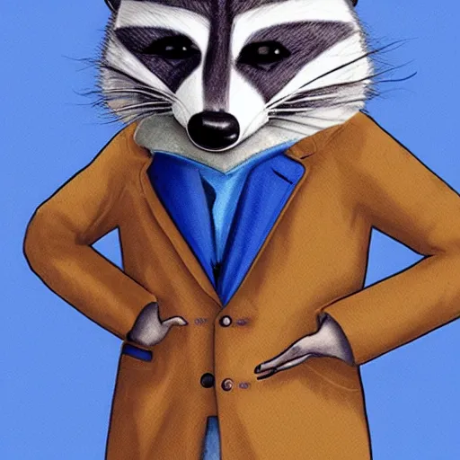 Image similar to anthropomorphic racoon,, male, blue jacket