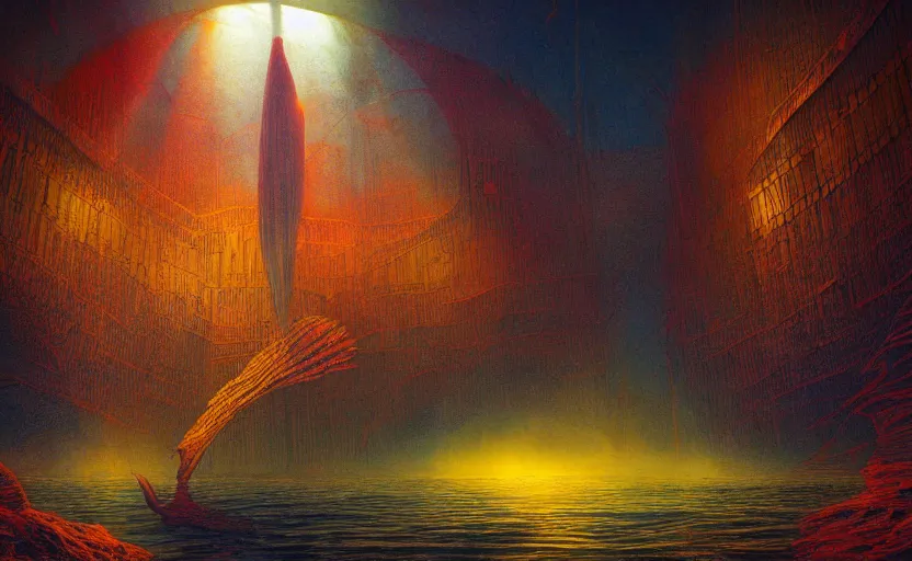 Image similar to by Moebius , landscape of mystic dark cult deep underwater, monumental giant palace, soft light through dark waters, red+yellow colours, high quality details, one point perspective, denoise deep depth of field