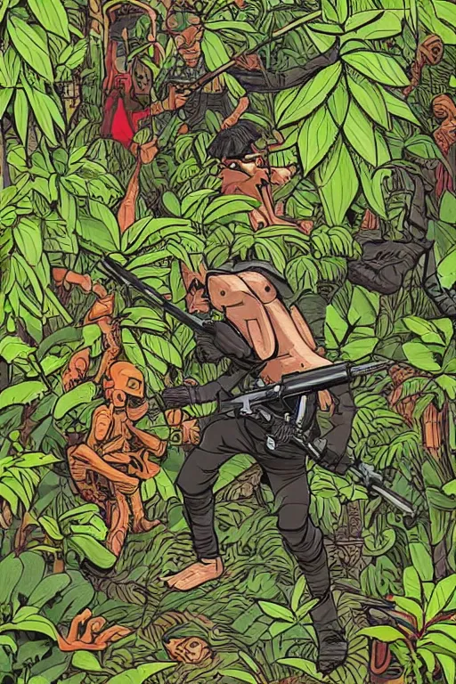 Prompt: a ninja sneaking around in the jungle surrounded by skeletons with ak - 4 7 artwork by eko nugroho