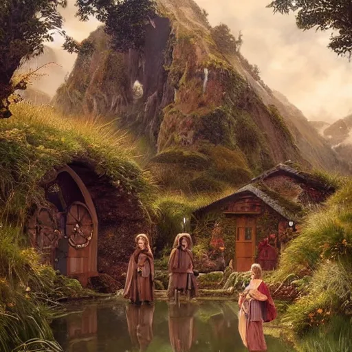 Image similar to a lord of the rings village in large new zealand landscape, shiny colors, high - key lighting, beautiful composition, intricate, elegant, pro photography by, highly detailed, art by artgerm and greg rutkowski and alphonse mucha