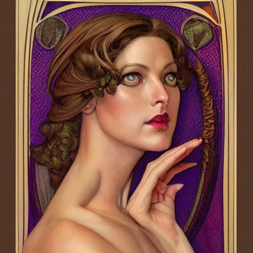 Image similar to an art nouveau, ( streamline moderne ), multi - ethnic portrait in the style of donato giancola and anna dittmann and charles dulac. very large, clear, expressive, and intelligent eyes. symmetrical, centered, ultrasharp focus, dramatic lighting, photorealistic digital matte painting, intricate ultra detailed background.