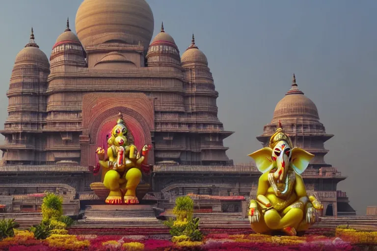 Image similar to beautiful futuristic new delhi, sharp sci - fi ganesha!! building, kalighat flowers, highly detailed cinematic, stephen shore & john j. park, soft morning light, wide shot, high angle, uhd 8 k, shallow depth of field