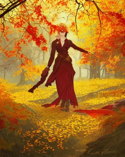 Image similar to Golden autumn, Spreads out Spreads out the leaves, Colorful leaves are lying on the ground, colorful autumn trees, red-yellow colors, falling leaves, D&D, fantasy, intricate, elegant, highly detailed, digital painting, artstation, concept art, matte, sharp focus, illustration, art by Artgerm and Greg Rutkowski and Alphonse Mucha, masterpiece, stunning, artstation