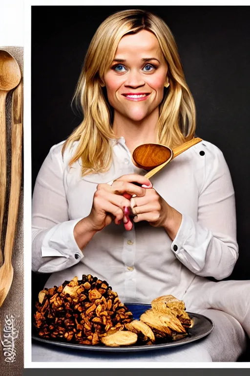 Prompt: an award winning photo of reese witherspoon holding a spoon, spoons, portrait photography, studio lighting, highly detailed, extremely realistic