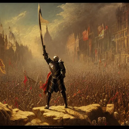 Image similar to artstation concept of a man in armor standing in a crowd gettig cheered, man with arms wide open, bright colorful, gold, hyperdetailed, artstation trending, world renowned artists, worth 1 0 0 0. com, historic artworks society, antique renewel, cgsociety, by greg rutkowski, by gustave dore, deviantart