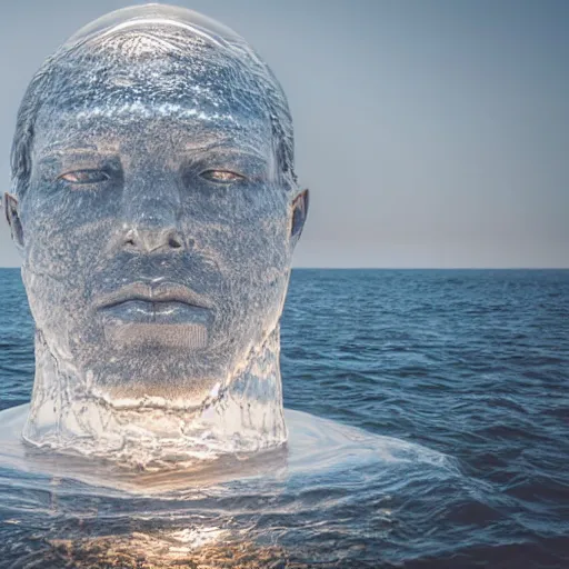 Image similar to a giant sculpture of a human head on the ocean, made purely out of water, cinematic, in the style of johnson tsang, long shot, hyper detailed, hyper realistic, ray tracing, 8 k resolution, sharp focus, realistic water, award winning