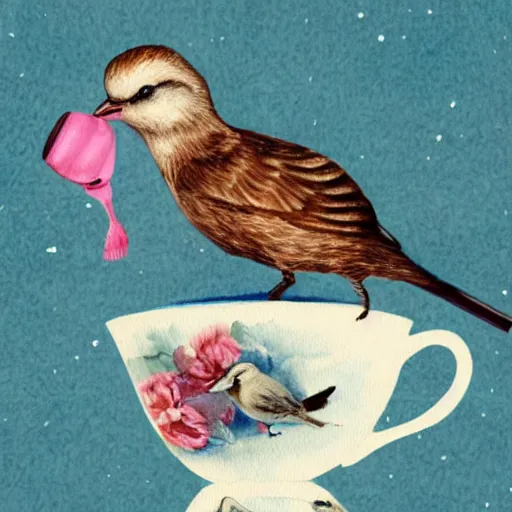 Image similar to a bird sitting on top of a stack of tea cups, a watercolor painting by annabel kidston, shutterstock contest winner, pop surrealism, whimsical, detailed painting, storybook illustration