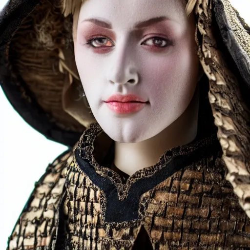 Image similar to medieval fashion model close up looking into lens 1 5 0 mm wearing clothes of the era
