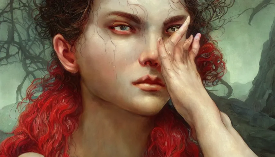 Image similar to epic masterpiece ignorance, drama, sweaty skin, hyperrealistic, octane render, cinematic, beautiful face and flawless skin, perfect hands, 5 fingers, ruby by Edgar Maxence and Ross Tran and Michael Whelan, Legends of Runeterra