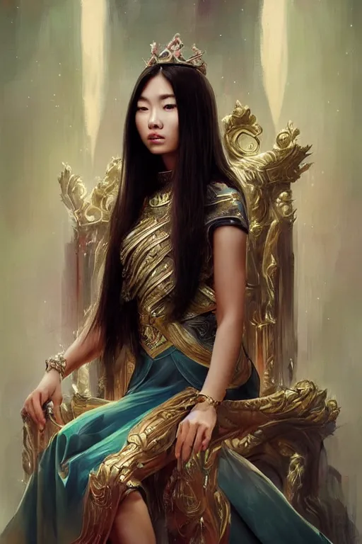 Image similar to portrait of a beautiful young asian woman with shoulder length hair and strong facial bone structure, queen and ruler of the universe, sitting on her throne, men kneeling at her feet, painting by ross tran