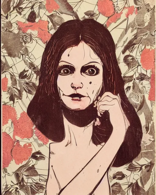 Image similar to a pulp illustration of a beautiful but serious woman in layers of fear, with haunted eyes and dark hair piled on her head, 1 9 7 0 s, seventies, floral wallpaper, wilted flowers, a little blood, morning light showing injuries, delicate ex embellishments, painterly, offset printing technique