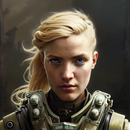 Prompt: portrait painting of a post - apocalyptic blonde soldier wearing dieselpunk power armor, ultra realistic, concept art, intricate details, eerie, highly detailed, photorealistic, octane render, 8 k, unreal engine. art by artgerm and greg rutkowski and charlie bowater and magali villeneuve and alphonse mucha