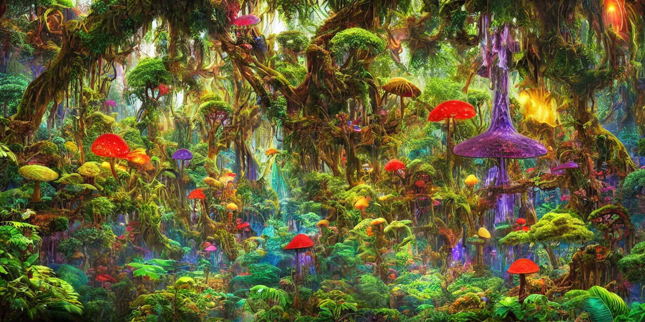 Image similar to lush rainforest in wonderland dmt tripping, sacred geometry details, psychedelic mushrooms, little aliens, by jean giraud, coherent, psychedelic, hyper realism, high detail, vivid colors, octane render, unreal engine, 8 k, smooth gradients, high contrast, depth of field by jacek yerka