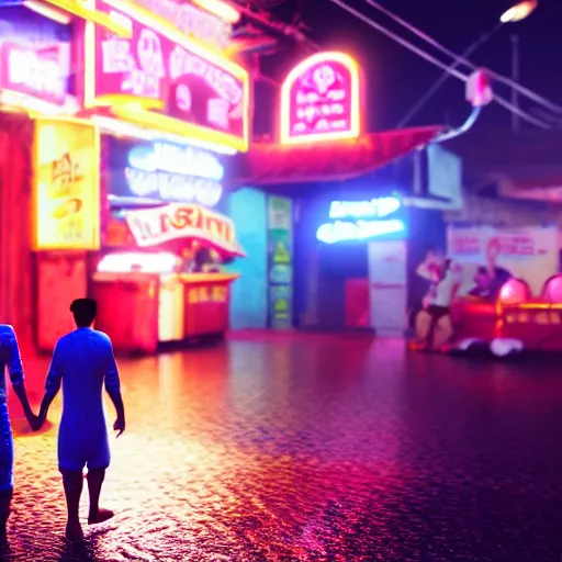 Prompt: a bacon man and fried egg man hold hands, the streets of myanmar, night time, neon lights, raining, romantic, ultra realistic, 4k, art station, unreal engine