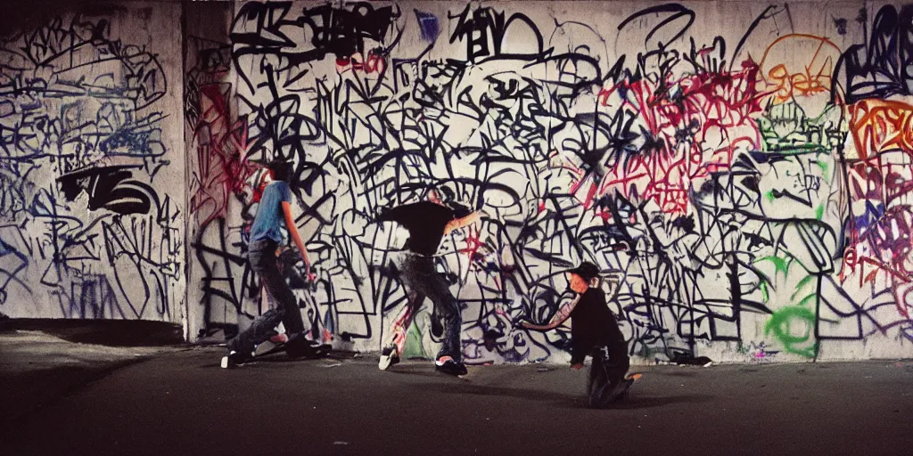 Image similar to under the bridge in new york, night, city lights, graffiti flop on the wall, skaters, coloured film photography, christopher morris photography, bruce davidson photography