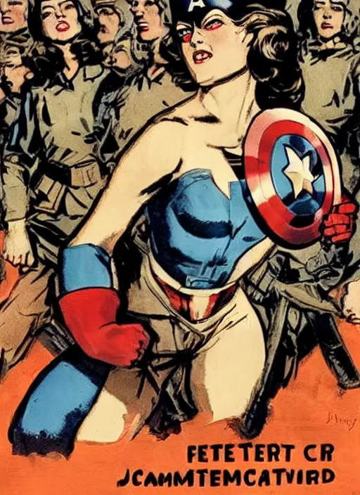 Image similar to beautiful female captain america standing on a pile of defeated, beaten and broken german soldiers. feminist captain america wins wwii. american wwii propaganda poster by james gurney and ralph bakshi. gorgeous face. overwatch.