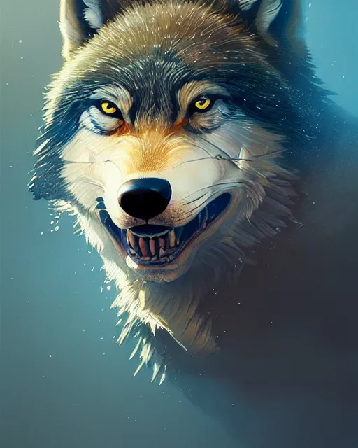 Image similar to highly detailed vfx portrait of a ferocious wolf, stephen bliss, unreal engine, greg rutkowski, loish, rhads, beeple, makoto shinkai and lois van baarle, ilya kuvshinov, rossdraws, tom bagshaw, alphonse mucha, global illumination, detailed and intricate environment