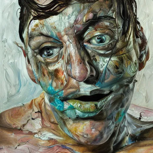 Image similar to high quality high detail painting by lucian freud and jenny saville, hd, human with 4 arms, turquoise