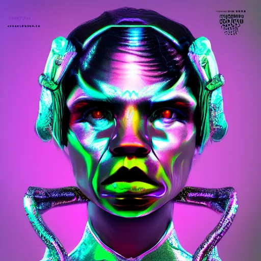 Prompt: album cover of Grimes as a highly detailed holographic super villain character, trending on artstation, concept matte