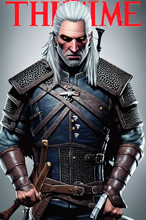 Image similar to portrait of geralt of rivia, 5 5 mm lens, professional photograph, times magazine, serious, stern look