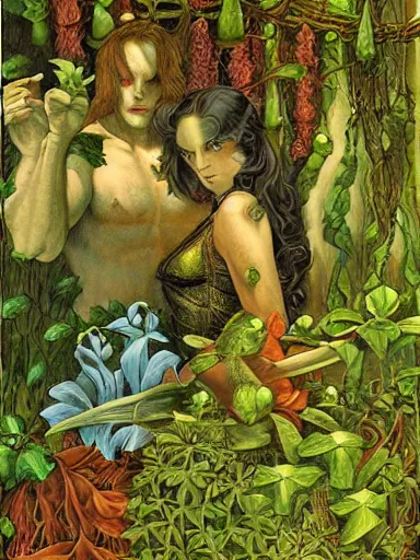 Image similar to The Hanging-Gardens of Pareidolia, lobelia, ivy, verbena and pothos growing facial features and optical-illusions, aesthetic!!!!!!!!!!, by Gerald Brom in the style of Johfra Bosschart in the style of,